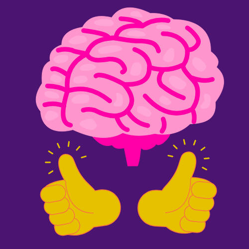 Your Second Brain & Helping Hands A pink brain with two yellow thumbs-up hands on each side of it
